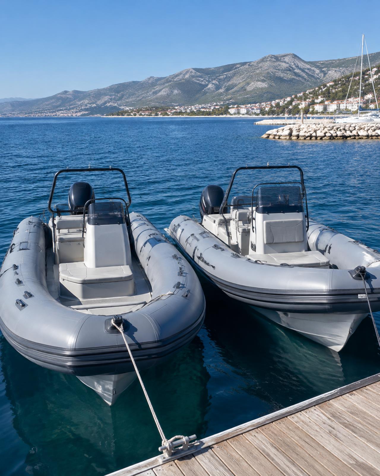 RIBs moored at a pontoon on a calm bay