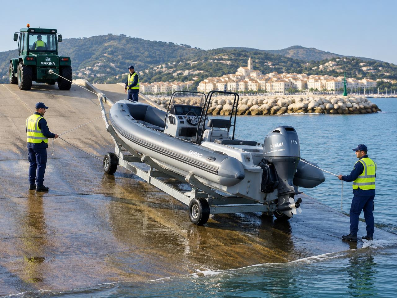 Marina crew launching a RIB down a slipway on a wheeled cradle
